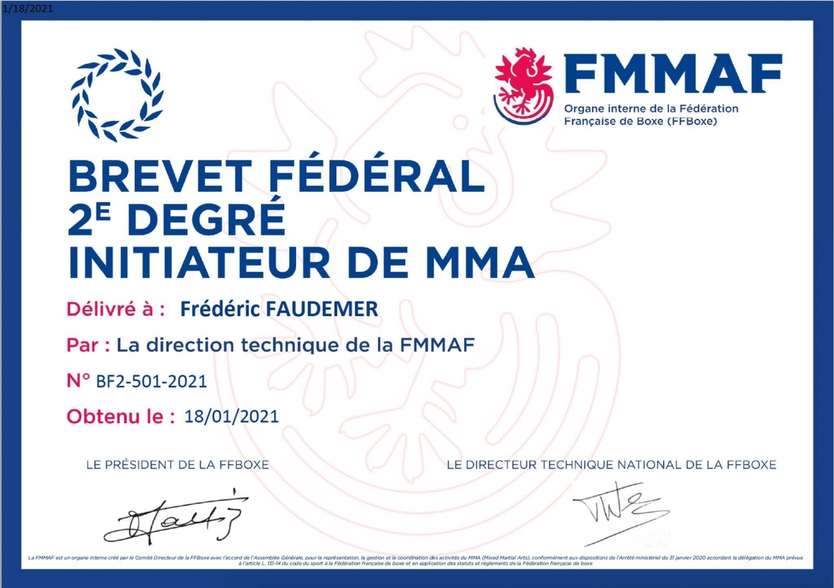 diplôme de FMMAF Frédéric FAUDEMER 